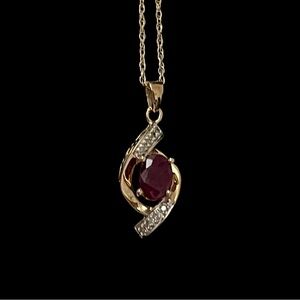 14k Gold Natural Oval Ruby and Natural Diamond Pendant Necklace